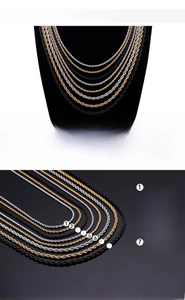 Size chart for 18K gold plated rope chains showing lengths and widths for various options