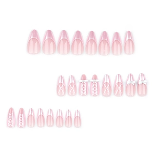 Sweet pink almond press-on nails with ballet bow and pearl accents 24pcs set