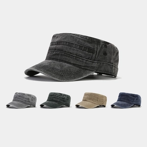 Cadet Cap Washed Cotton Vintage Military Hat Flat Top Retro Sun Protection Adjustable Short Brim Unisex Accessory