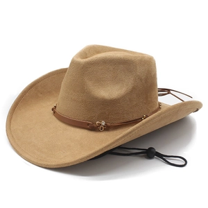 Western Cowboy Hat Suede Large Brim With Windproof Rope Ethnic Leather Band Jazz Fedora For Men Women