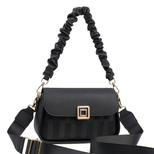 Classic black litchi grain shoulder bag with golden square buckle and dual straps