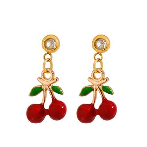Gold cherry stud earrings with red fruit, green leaves and sparkling rhinestones