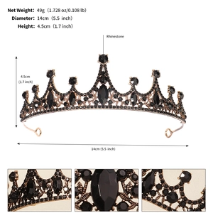 Macro detail of vintage gold alloy crown with black rhinestones and size measurements