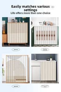 Detail view of dustproof geometric cabinet curtains for bookcases and kitchen storage