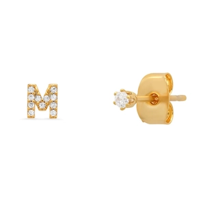 Close-up of gold-plated letter M stud earring with pave-set crystals and solitaire backing