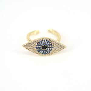 Gold plated open eye ring featuring pave-set zircon stones in a classic evil eye design