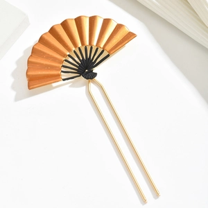 Elegant gold fan-shaped hairpin with twin metal prongs in traditional Chinese style