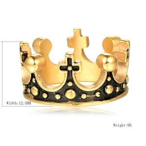 Gold titanium steel crown ring featuring black cross relief on 12.5mm wide band