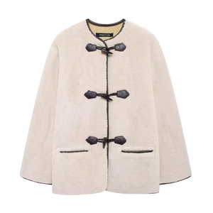Manteau En Fausse Fourrure Pour Femmes Veste En Peluche Col Rond Manches Longues Crème Élégante Décontractée Avec Boutons En Corne