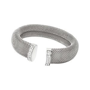 Silver mesh open cuff bracelet with crystal-studded ends in polished stainless steel