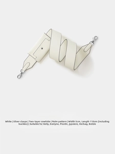 Detailed white leather strap with palm grain texture and silver buckles for handbags