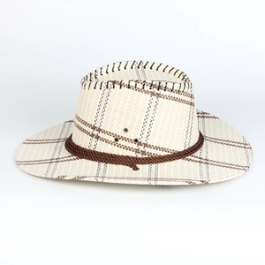 Western style straw cowboy hat with brown checkered pattern and braided decorative band
