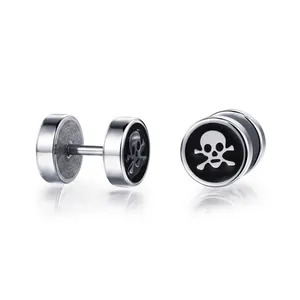 Boucles d'Oreilles Clous Crâne en Acier Inoxydable pour Hommes Punk Poli Argent Noir Rondes à Vis Bijoux d'Oreille Mode Hip Hop