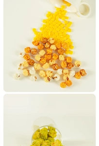 Vista macro de modelos realistas de palomitas de caramelo y matcha con granos de maíz