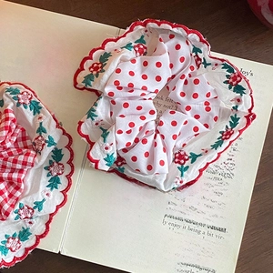 Floral embroidered gingham scrunchie set with red polka dots and scalloped lace edges
