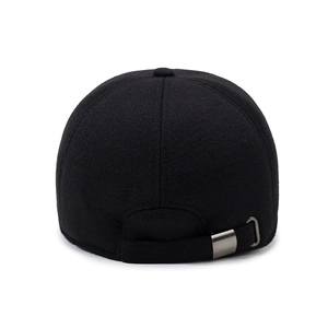 Rear view of black wool baseball cap with adjustable silver metal buckle for winter