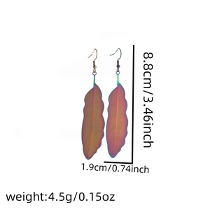 Detail view of colorful feather drop earrings showing size dimensions and lightweight specs