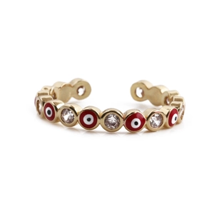 Adjustable gold evil eye open ring featuring colorful enamel and sparkling zircon accents
