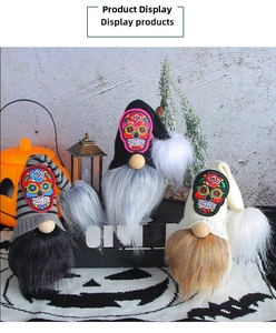 Macro detail of Halloween gnomes featuring embroidered skulls and faux fur beards