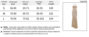 Size chart for women's glitter backless dress with bust, waist, and hips measurements