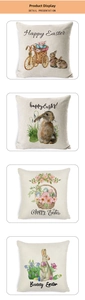 Detail showing four Easter pillow covers with watercolor rabbits and flower truck prints