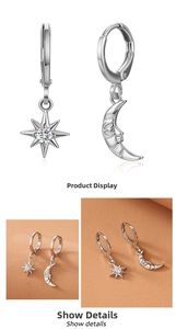 Detailed close-up of asymmetric star and crescent moon hoop earrings with cubic zirconia