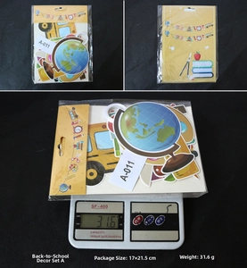 Welcome Back banner set packaging details featuring school bus and globe cartoon icons