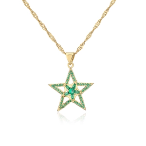 18K gold plated necklace with star pendant and inlaid green zircon on white background
