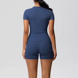 Back view of a navy blue brushed tight fitness set with breathable short sleeve and pants