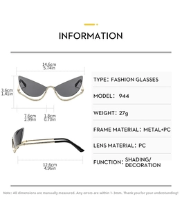 Detailed size chart for cat-eye sunglasses with metal and PC frame measurements