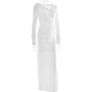Detailed close-up of white ruched maxi dress fabric and slimming wrap texture on model