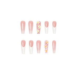 French tip press-on nails with nude pink gradient and 3D floral accents set