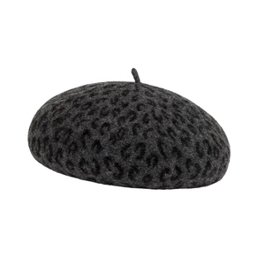 Fashionable leopard print wool beret hat in dark grey with adjustable vintage painter style