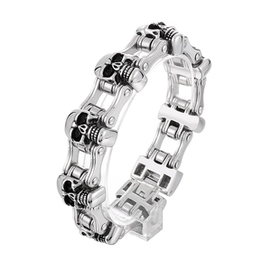 Retro hip-hop stainless steel skull bracelet with a black vintage finish and biker style
