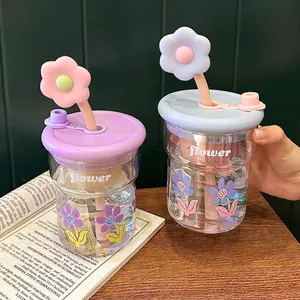 Tasse Eau En Verre Fleur Avec Paille Et Couvercle Gobelet Verre Borosilicaté Résistant Chaleur Avec Filtre Thé Style Pastoral