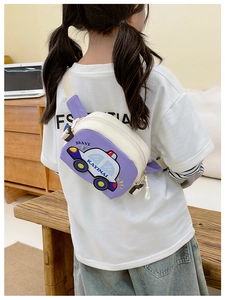 Close-up of kids cartoon car chest bag with purple patchwork and adjustable strap