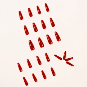 Long coffin press-on nails set in deep red with marble rose patterns and mirror finish