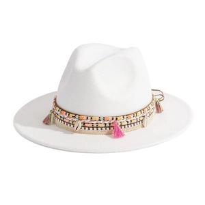 Classic white wide brim felt fedora hat with bohemian woven band and colorful tassels