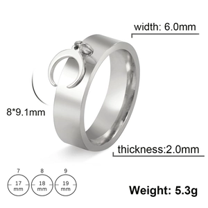 6mm silver titanium steel ring with crescent moon pendant and technical size specifications