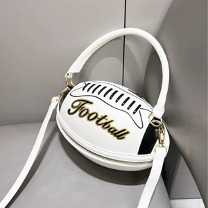 Creative football-shaped white handbag with gold embroidery and detachable shoulder strap