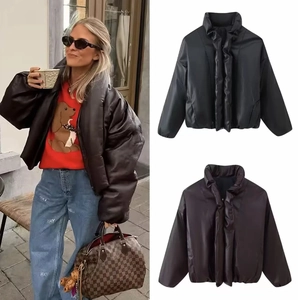 Giacca Imbottita In Pelle PU Da Donna Collo Alto Cerniera Corta Oversize Streetwear Capispalla