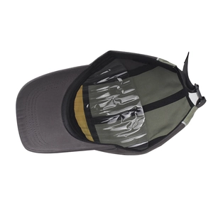 Detail of baseball cap interior showing transparent card pocket and adjustable buckle