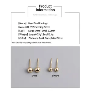 Minimalist 5mm gold S925 sterling silver bead stud earrings shown with size and weight specs