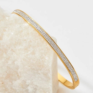 Fashionable gold-plated stainless steel bangle featuring double rows of micro-pave crystals