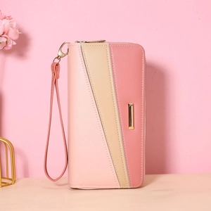 Detail of multi-color long zip-around wallet with golden metal bar and wristlet strap