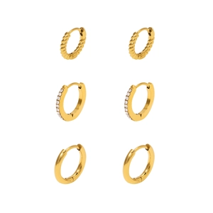 Three pairs of gold stainless steel hoop earrings with twist, zircon, and smooth designs