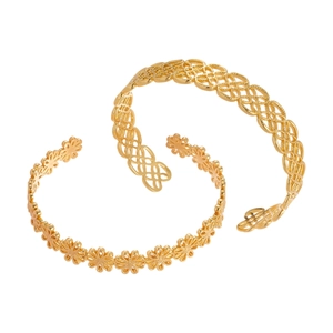 Polished gold hollow flower and knot open bangle bracelet set for women