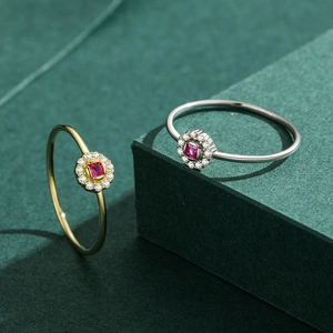 Elegant S925 silver rings with square red zircon stone and micro-pave halo setting