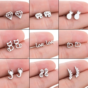 Stainless Steel Ear Studs Minimalist Geometric Animal Fruit Hollow Out Jewelry For Women