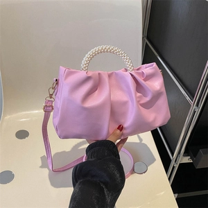Ruched Pleated Cloud Bag PU Leather Women Artificial Pearl Handle Crossbody Shoulder Handbag Elegant Versatile